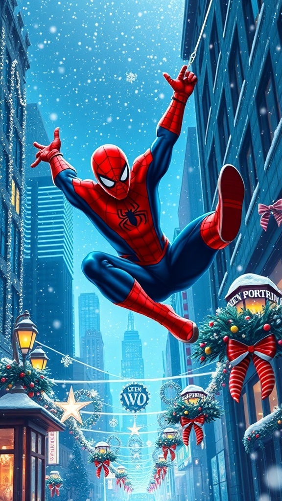 Spiderman in a winter wonderland with Christmas decorations and snowflakes.